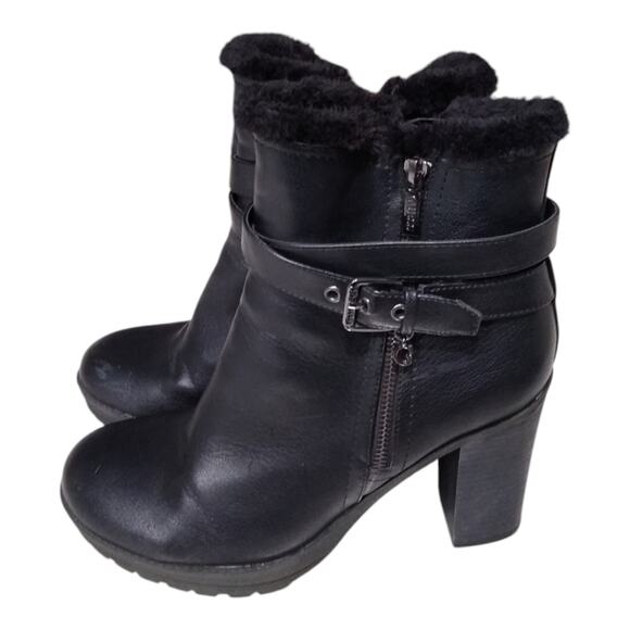[H194] Guess Women's Black Vegan Faux Fur Lined Lug Sole High Heel Ankle Boots - Picture 1 of 10